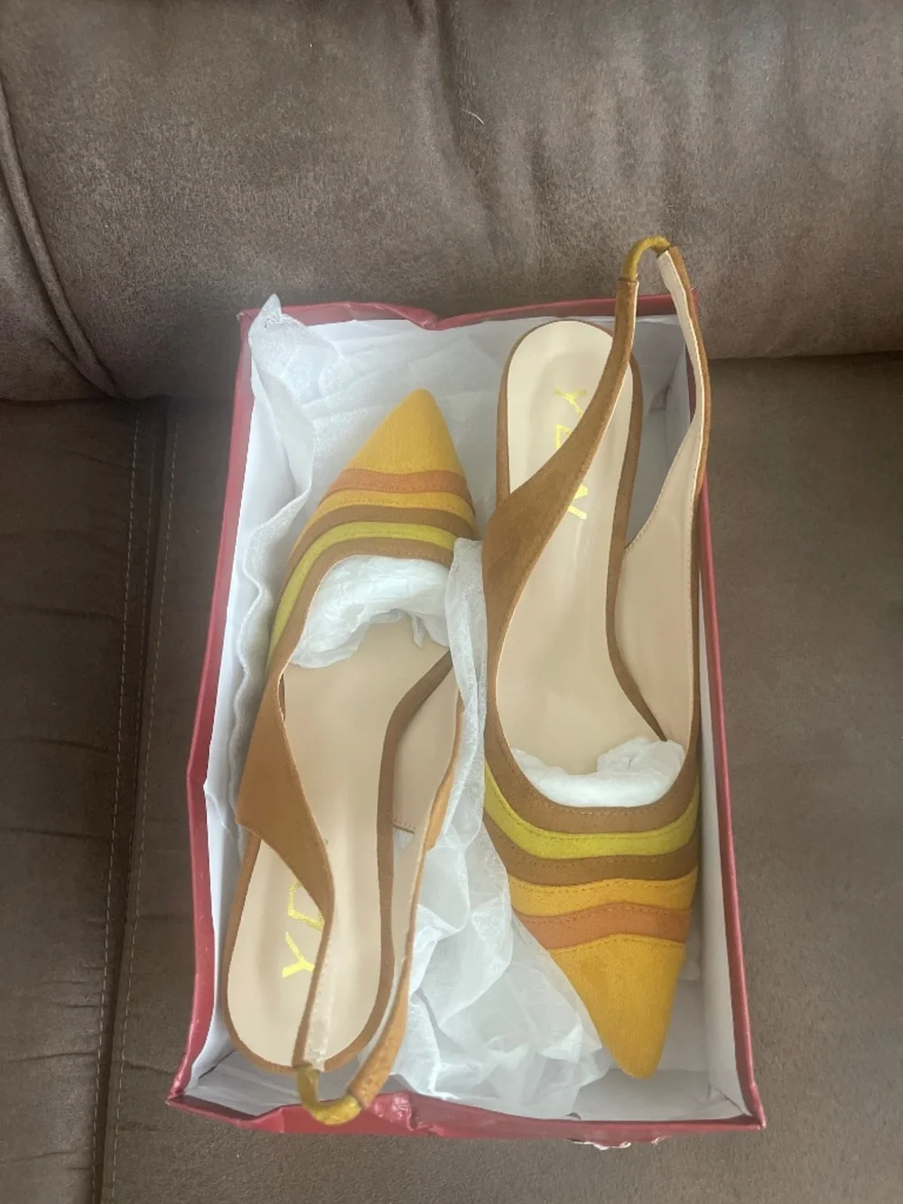 YDN Yellow Floral Metallic Spiral Heels Slip On Sandals Slingback Elastic Pumps